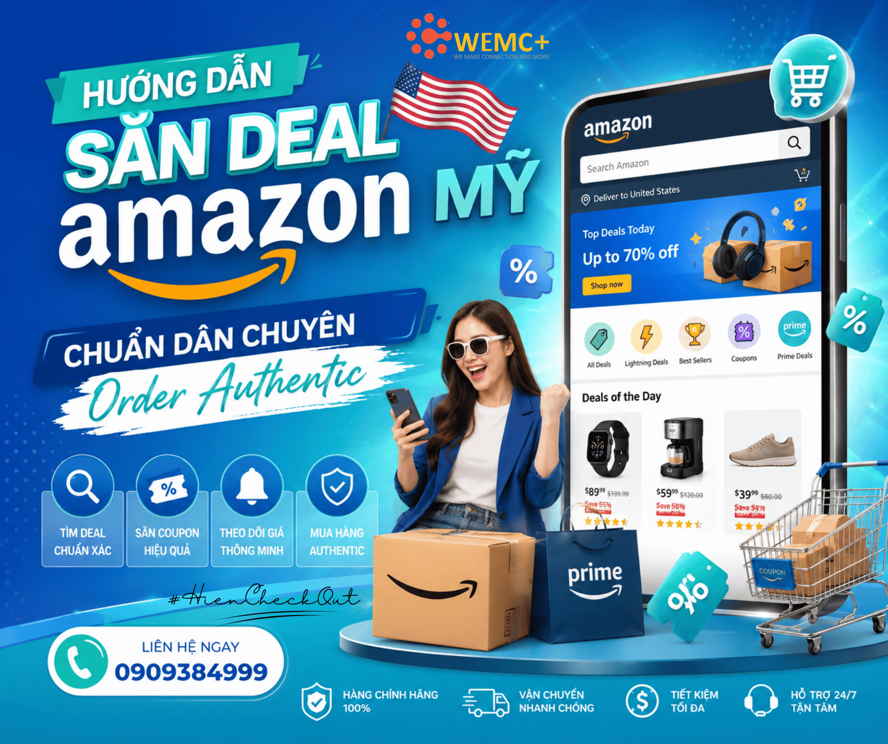 Săn deal Amazon Mỹ không chỉ là tìm kiếm mức giá thấp mà còn là quá trình lựa chọn đúng thời điểm, đúng sản phẩm và đúng người bán. Khi biết cách tận dụng các chương trình khuyến mãi, coupon và mùa sale lớn, bạn hoàn toàn có thể sở hữu những sản phẩm authentic chất lượng cao với mức giá tối ưu. Nếu cần hỗ trợ mua hộ và thanh toán quốc tế, HIỀN Check Out sẽ là người đồng hành đáng tin cậy giúp hành trình mua sắm hàng Mỹ của bạn trở nên đơn giản và hiệu quả hơn.